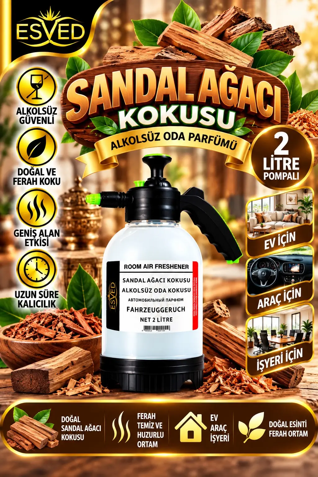Sandal Ağacı Kokusu Alkolsüz Oda Parfümü, 2 Litre Pompalı Ortam Kokusu Araç, Ev ve İşyeri Kokusu