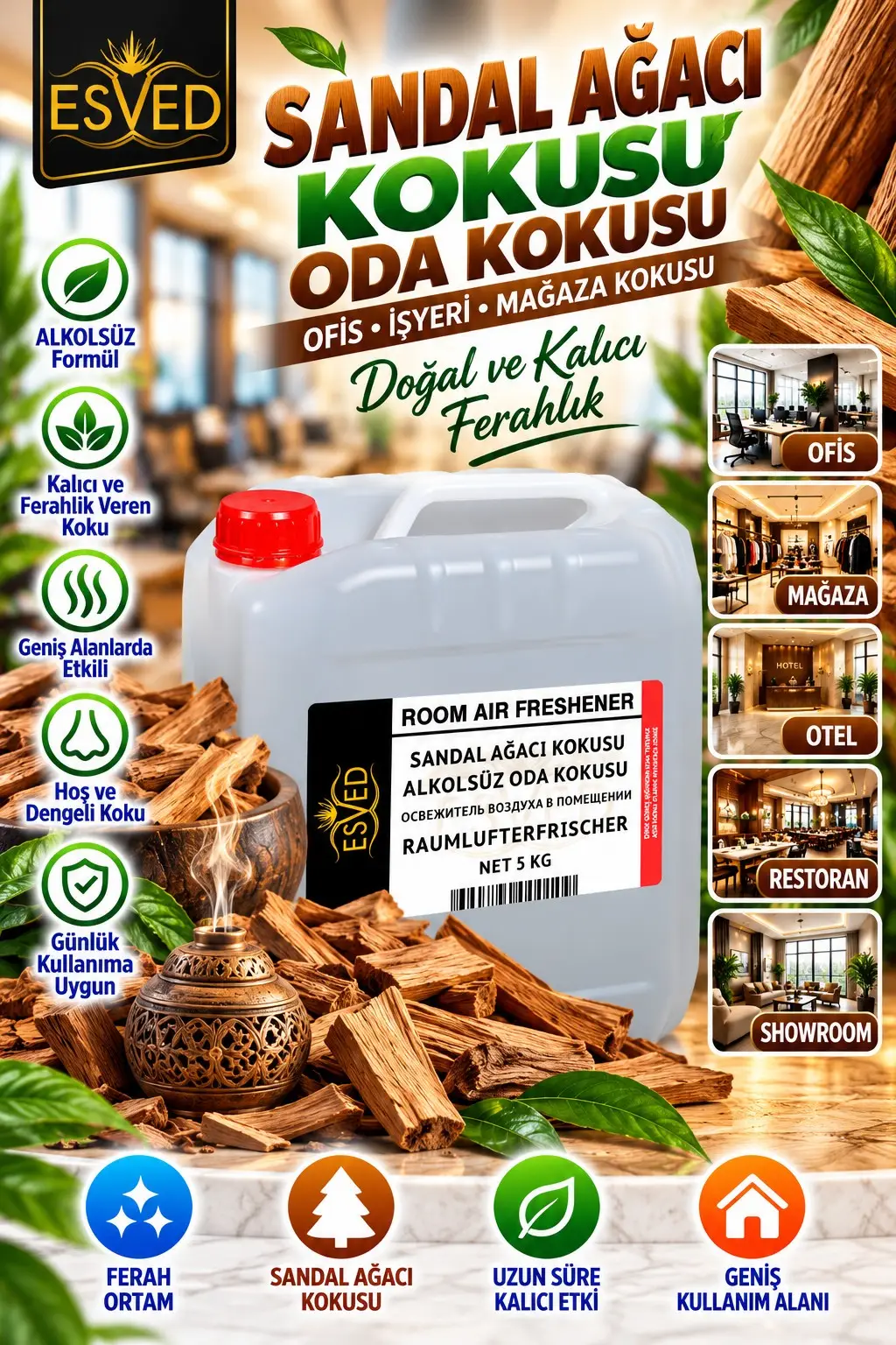 Sandal Ağacı Kokusu Alkolsüz Ofis Ve işyeri Kokusu 5 Litre Sandal Ağacı Kokusu Alkolsüz Ofis Ve işyeri Kokusu 5 Litre