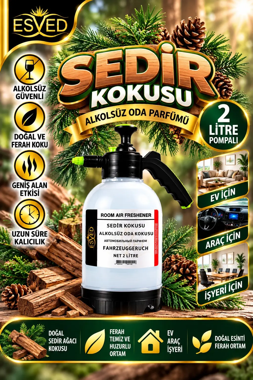 Sedir Kokusu Alkolsüz Oda Parfümü, 2 Litre Pompalı Ortam Kokusu Araç, Ev ve İşyeri Kokusu
