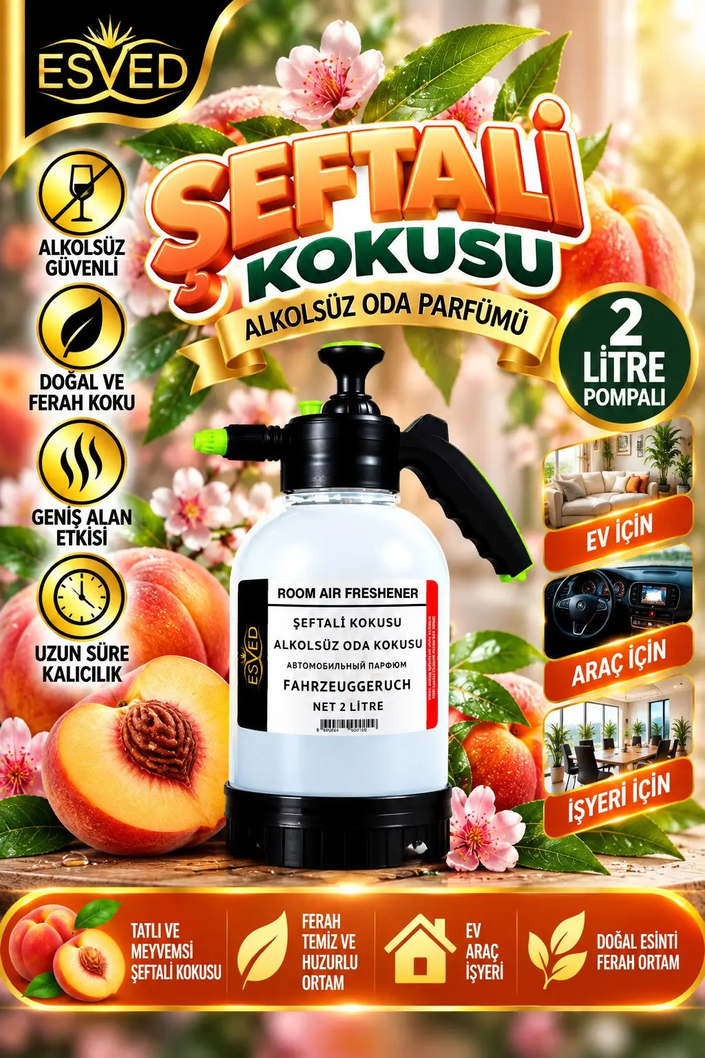 Şeftali Kokusu Alkolsüz Oda Parfümü, 2 Litre Pompalı Ortam Kokusu Araç, Ev ve İşyeri Kokusu