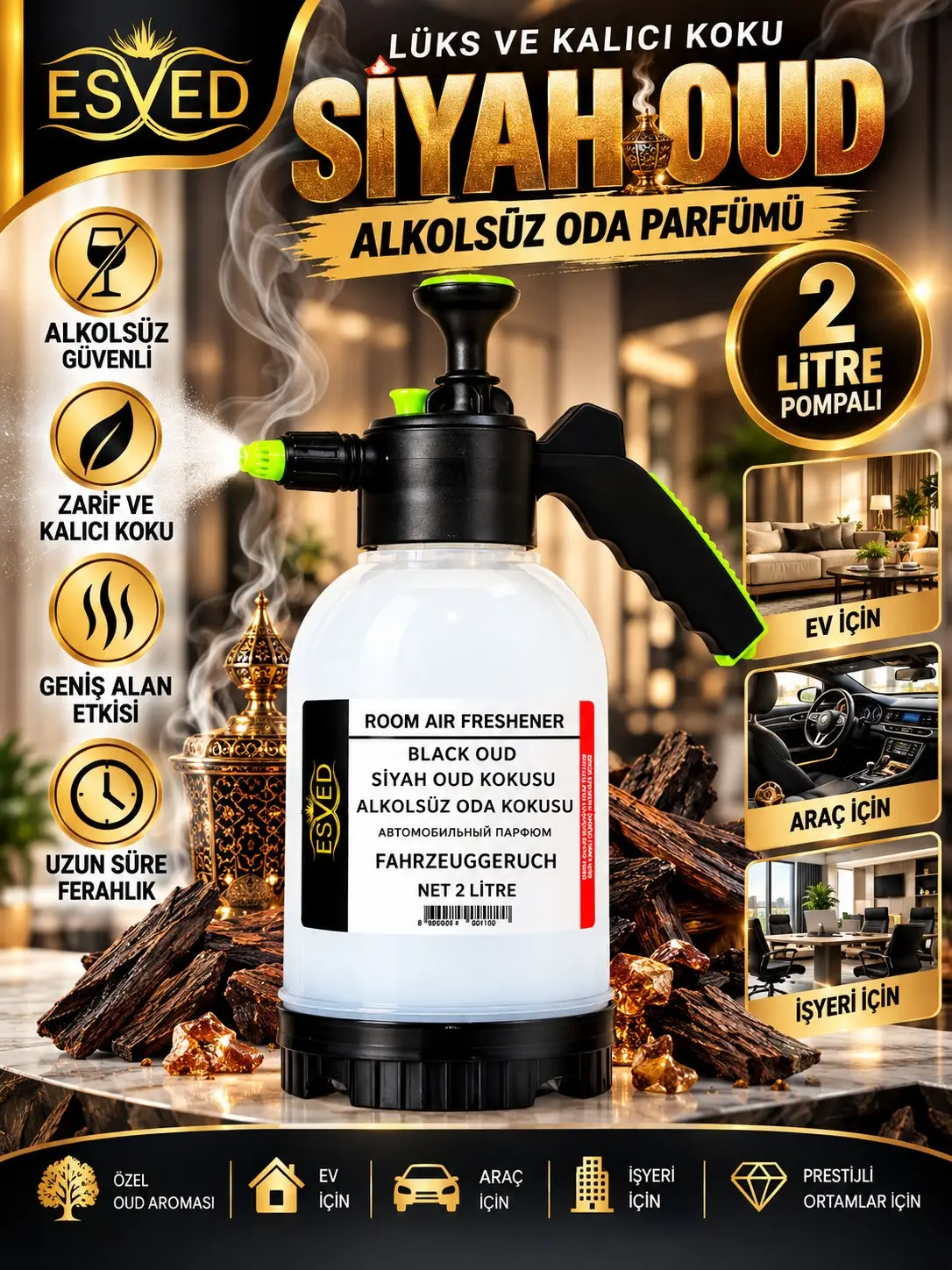 Siyah Oud Kokusu Alkolsüz Oda Parfümü, 2 Litre Pompalı Ortam Kokusu Araç, Ev ve İşyeri Kokusu