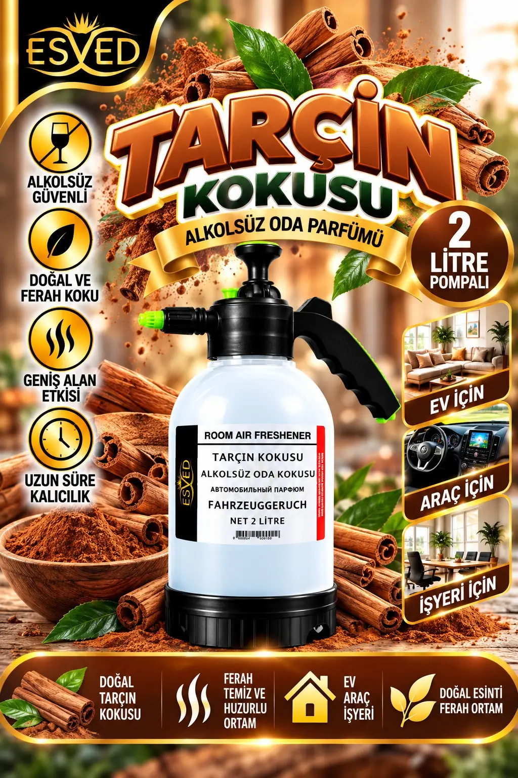 Tarçın Kokusu Alkolsüz Oda Parfümü, 2 Litre Pompalı Ortam Kokusu Araç, Ev ve İşyeri Kokusu