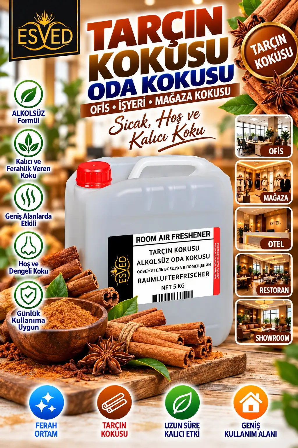 Tarçın Kokusu Alkolsüz Ofis Ve işyeri Kokusu 5 Litre Tarçın Kokusu Alkolsüz Ofis Ve işyeri Kokusu 5 Litre