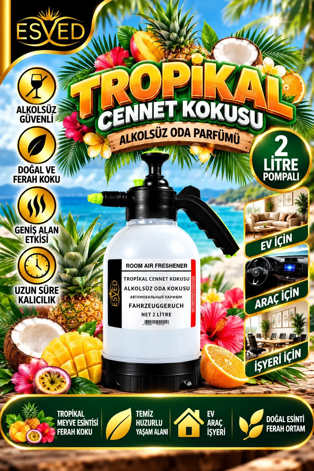 Tropik Cennet Kokusu Alkolsüz Oda Parfümü, 2 Litre Pompalı Ortam Kokusu Araç, Ev ve İşyeri Kokusu