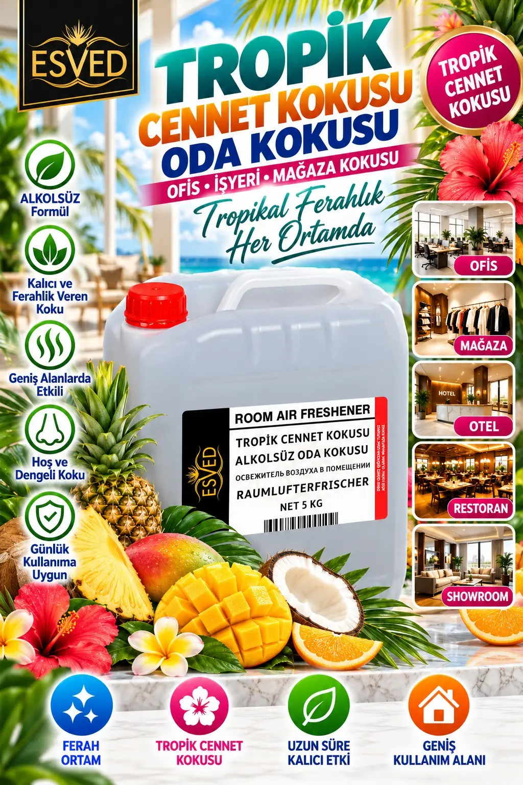 Tropik Cennet Kokusu Alkolsüz Ofis Ve işyeri Kokusu 5 Litre Tropik Cennet Kokusu Alkolsüz Ofis Ve işyeri Kokusu 5 Litre