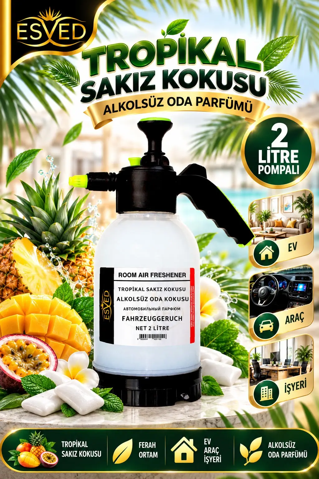 Tropikal Sakız Kokusu Alkolsüz Oda Parfümü, 2 Litre Pompalı Ortam Kokusu Araç, Ev ve İşyeri Kokusu