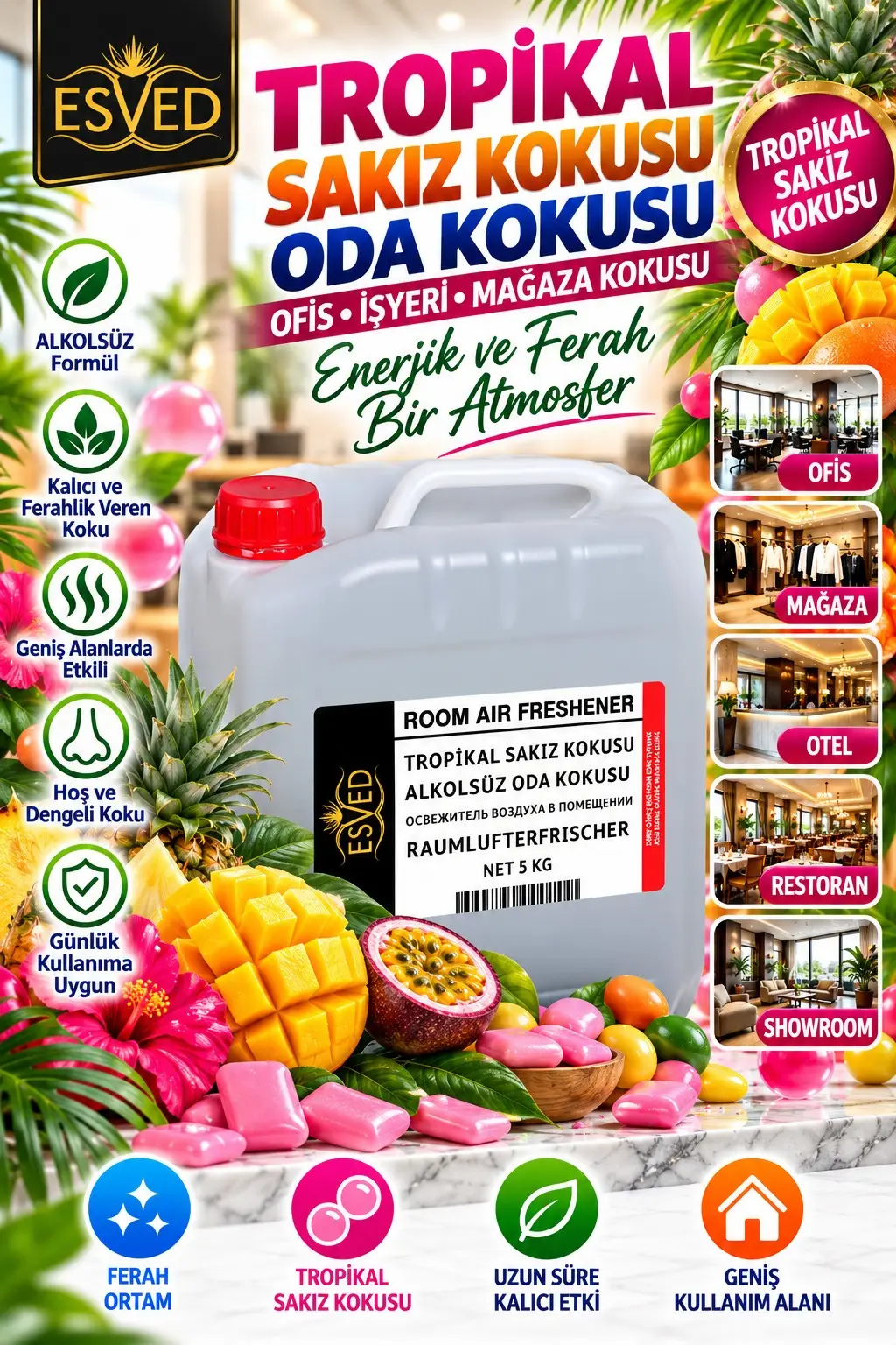 Tropikal Sakız Kokusu Alkolsüz Ofis Ve işyeri Kokusu 5 Litre Tropikal Sakız Kokusu Alkolsüz Ofis Ve işyeri Kokusu 5 Litre