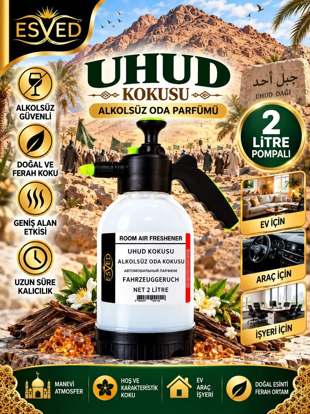 Uhud Kokusu Alkolsüz Oda Parfümü, 2 Litre Pompalı Ortam Kokusu Araç, Ev ve İşyeri Kokusu