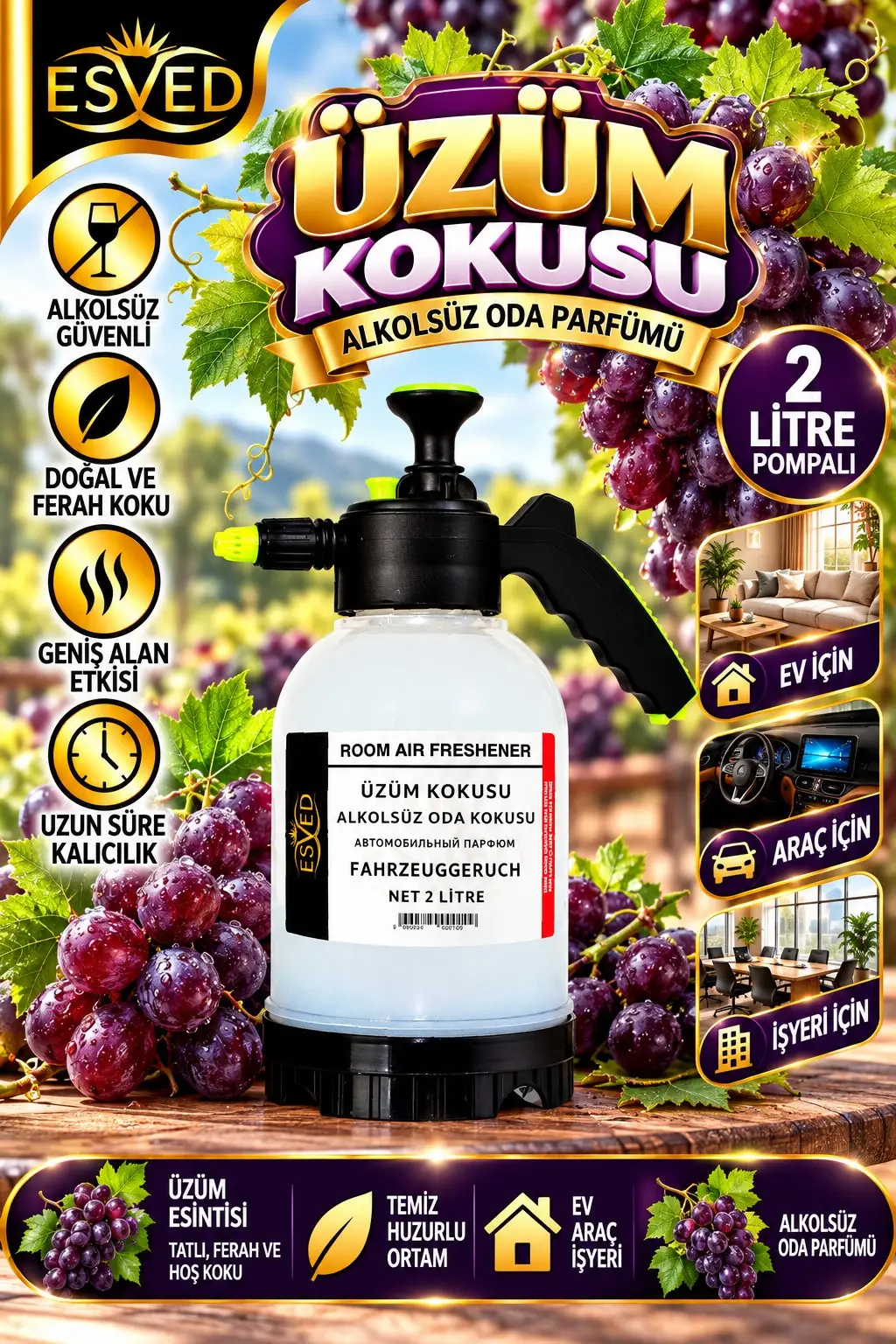 Üzüm Kokusu Alkolsüz Oda Parfümü, 2 Litre Pompalı Ortam Kokusu Araç, Ev ve İşyeri Kokusu