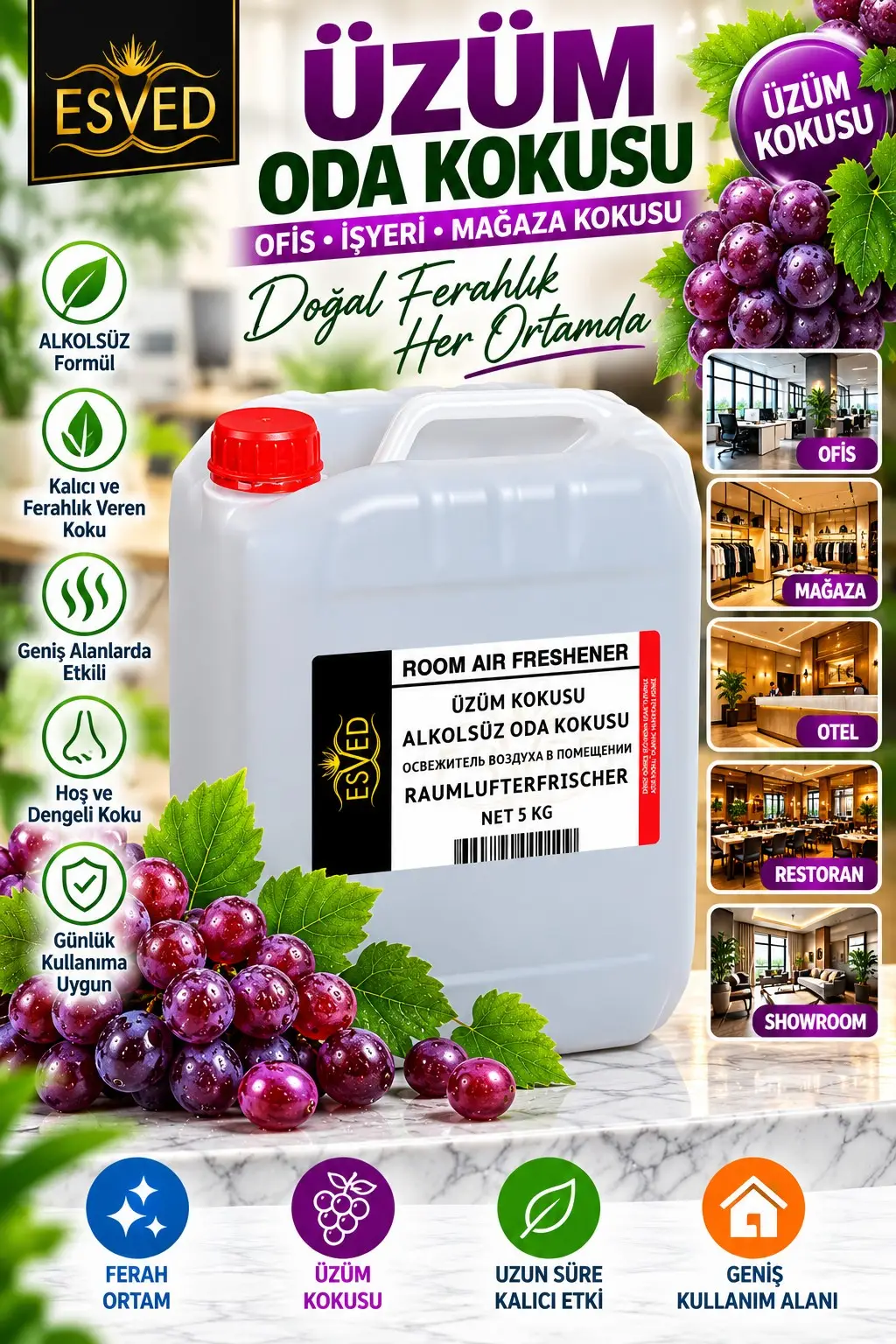 Üzüm Kokusu Alkolsüz Ofis Ve işyeri Kokusu 5 Litre Üzüm Kokusu Alkolsüz Ofis Ve işyeri Kokusu 5 Litre