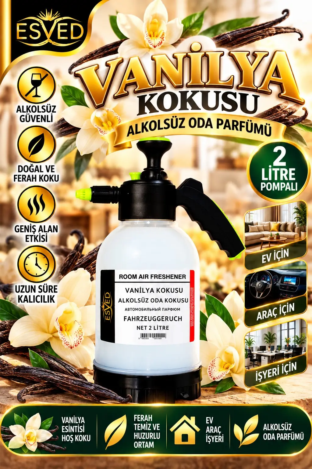 Vanilya Kokusu Alkolsüz Oda Parfümü, 2 Litre Pompalı Ortam Kokusu Araç, Ev ve İşyeri Kokusu