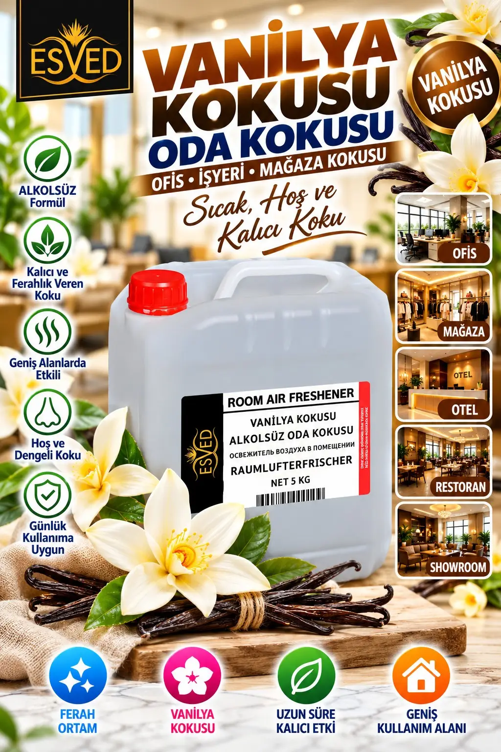 Vanilya Kokusu Alkolsüz Ofis Ve işyeri Kokusu 5 Litre Vanilya Kokusu Alkolsüz Ofis Ve işyeri Kokusu 5 Litre