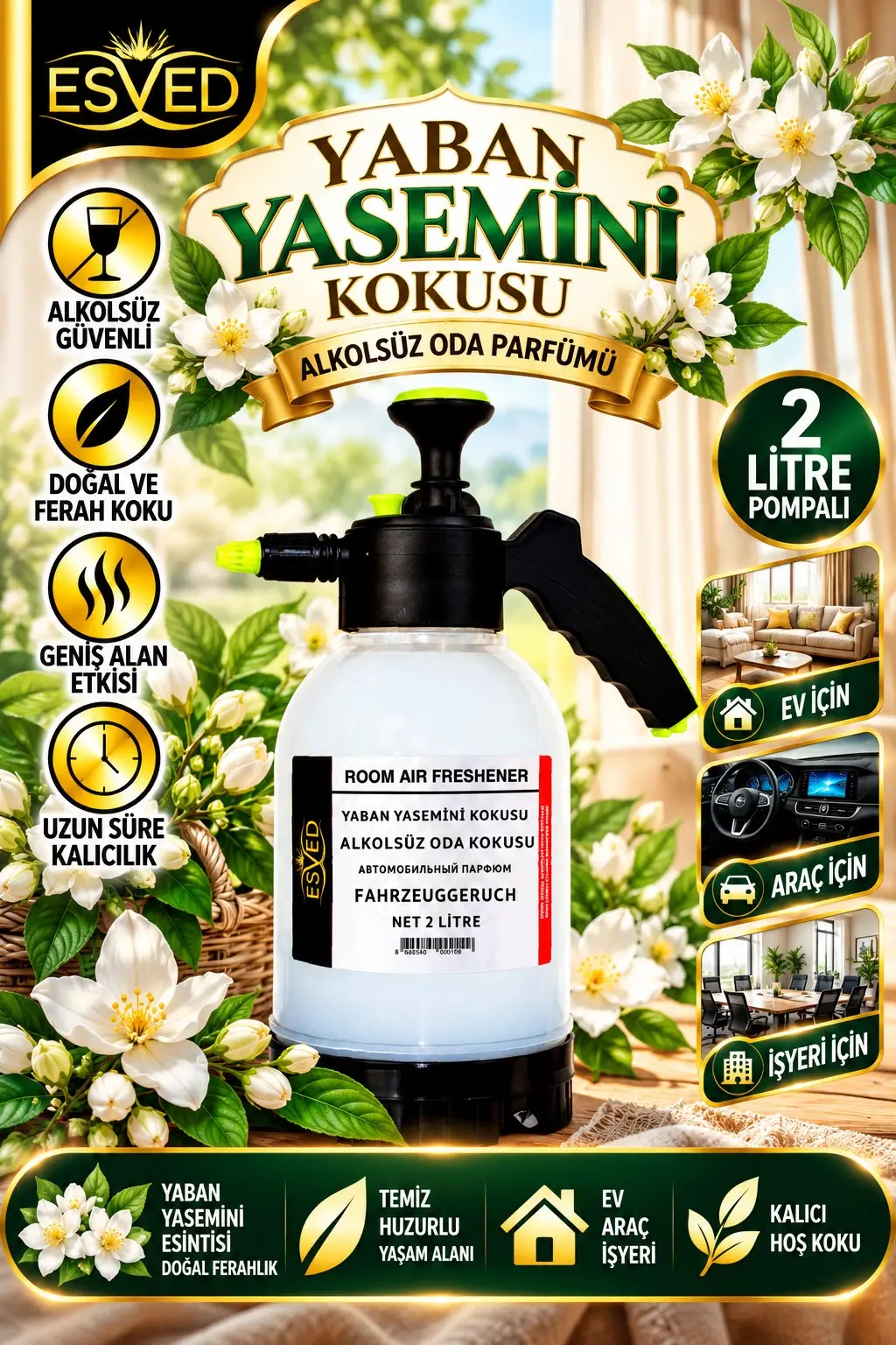 Yaban Yasemini Kokusu Alkolsüz Oda Parfümü, 2 Litre Pompalı Ortam Kokusu Araç, Ev ve İşyeri Kokusu