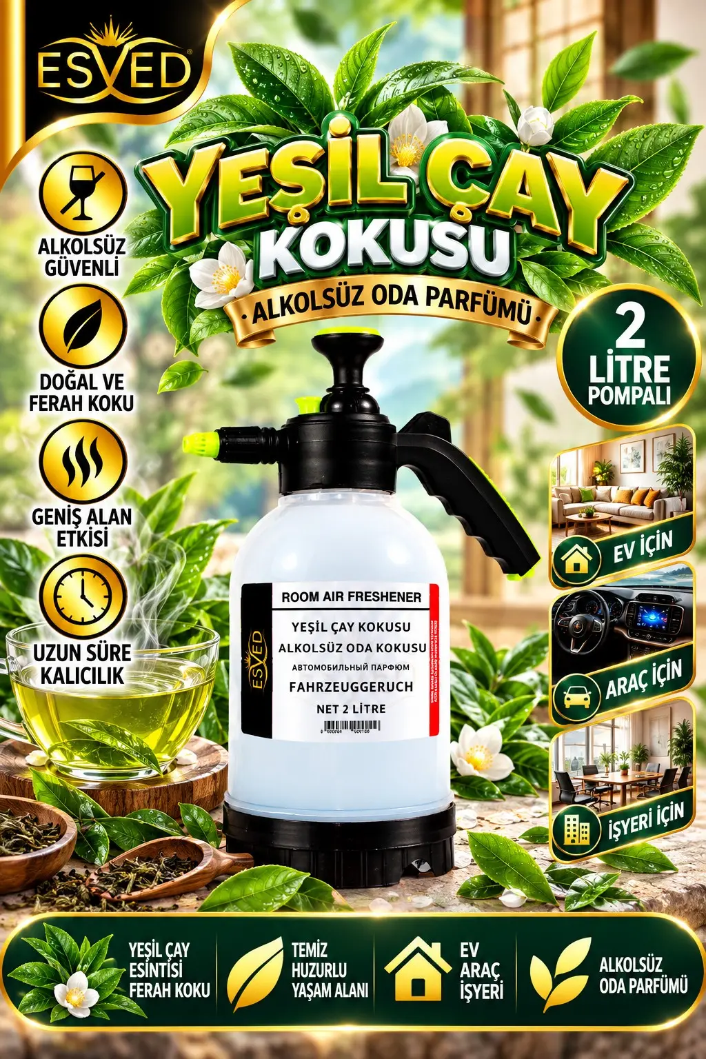 Yeşil Çay Kokusu Alkolsüz Oda Parfümü, 2 Litre Pompalı Ortam Kokusu Araç, Ev ve İşyeri Kokusu