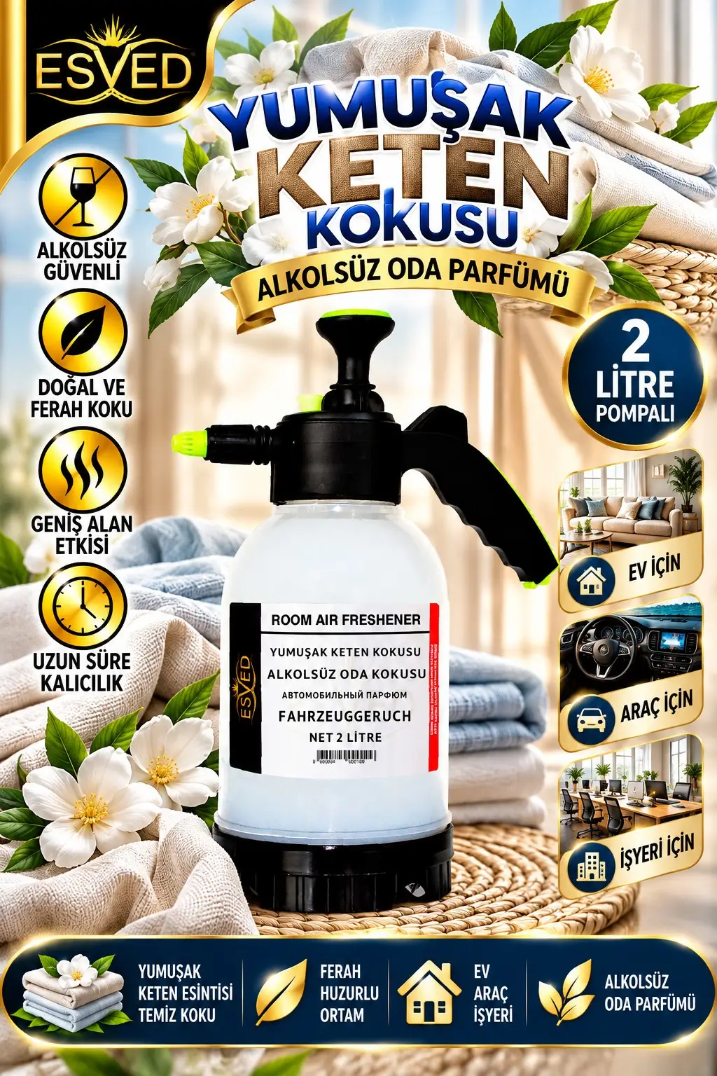 Yumuşak Keten Kokusu Alkolsüz Oda Parfümü, 2 Litre Pompalı Ortam Kokusu Araç, Ev ve İşyeri Kokusu