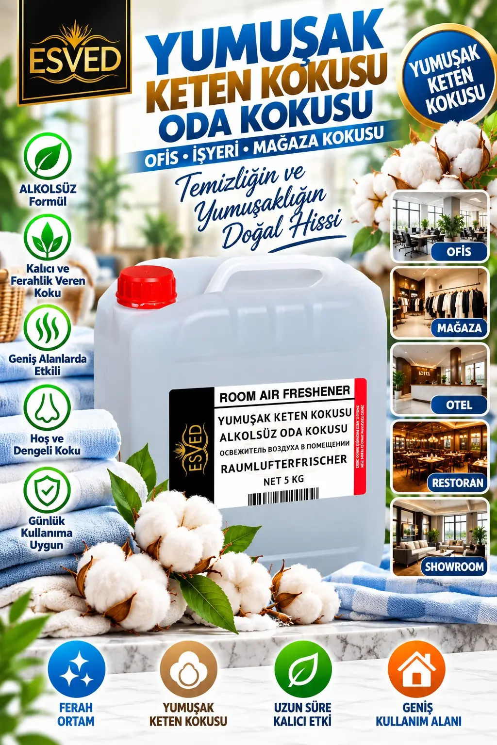 Yumuşak Keten Kokusu Alkolsüz Ofis Ve işyeri Kokusu 5 Litre Yumuşak Keten Kokusu Alkolsüz Ofis Ve işyeri Kokusu 5 Litre
