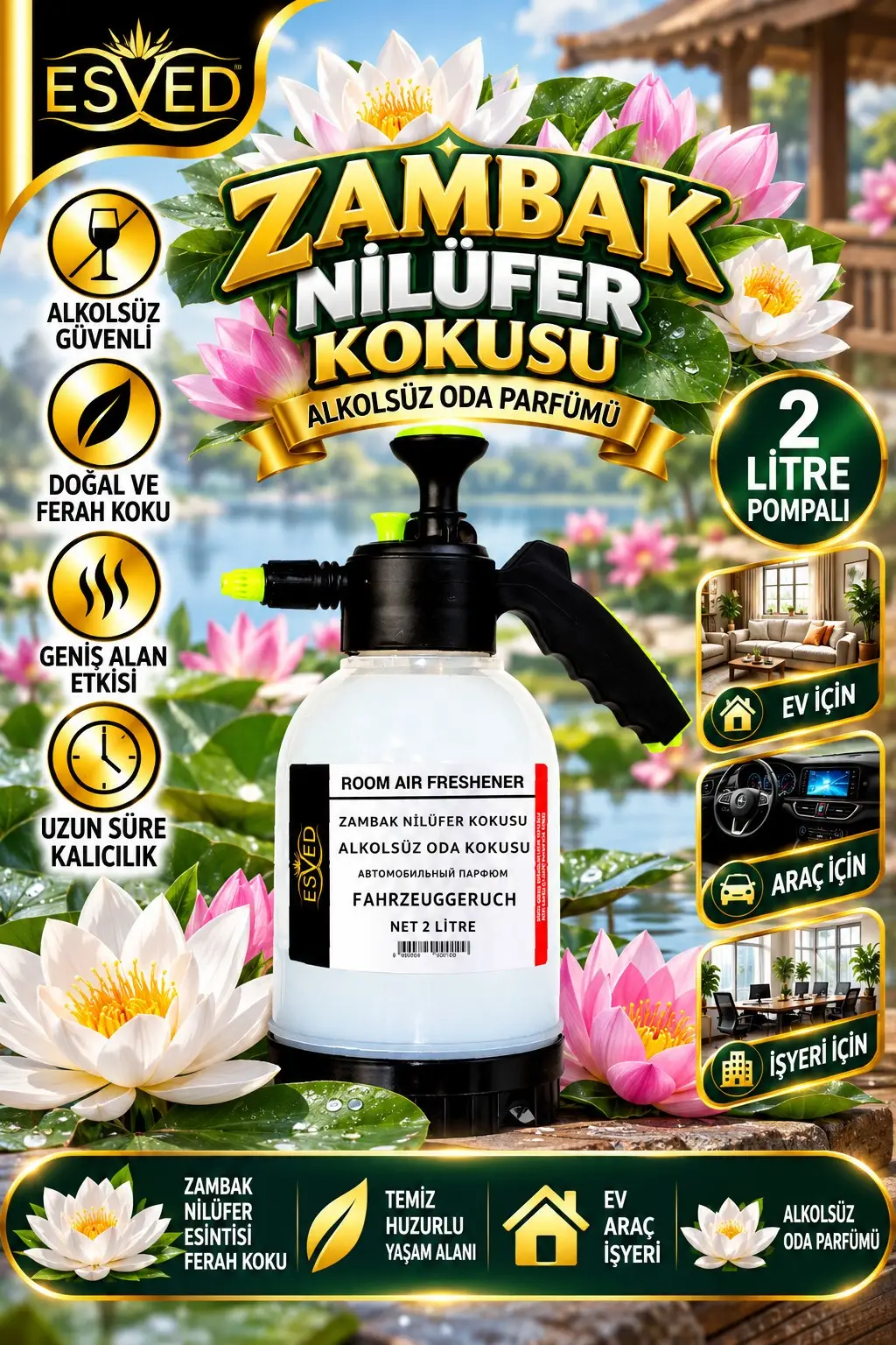 Zambak Nilüfer Kokusu Alkolsüz Oda Parfümü, 2 Litre Pompalı Ortam Kokusu Araç, Ev ve İşyeri Kokusu