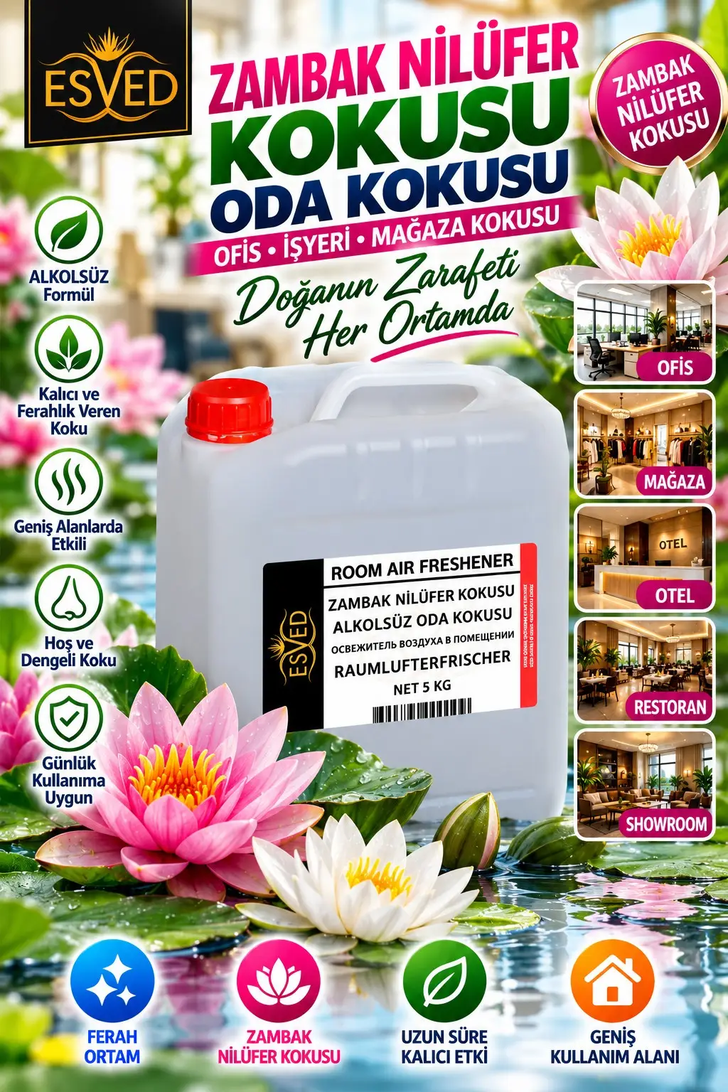 Zambak Nilüfer Kokusu Alkolsüz Ofis Ve işyeri Kokusu 5 Litre Zambak Nilüfer Kokusu Alkolsüz Ofis Ve işyeri Kokusu 5 Litre