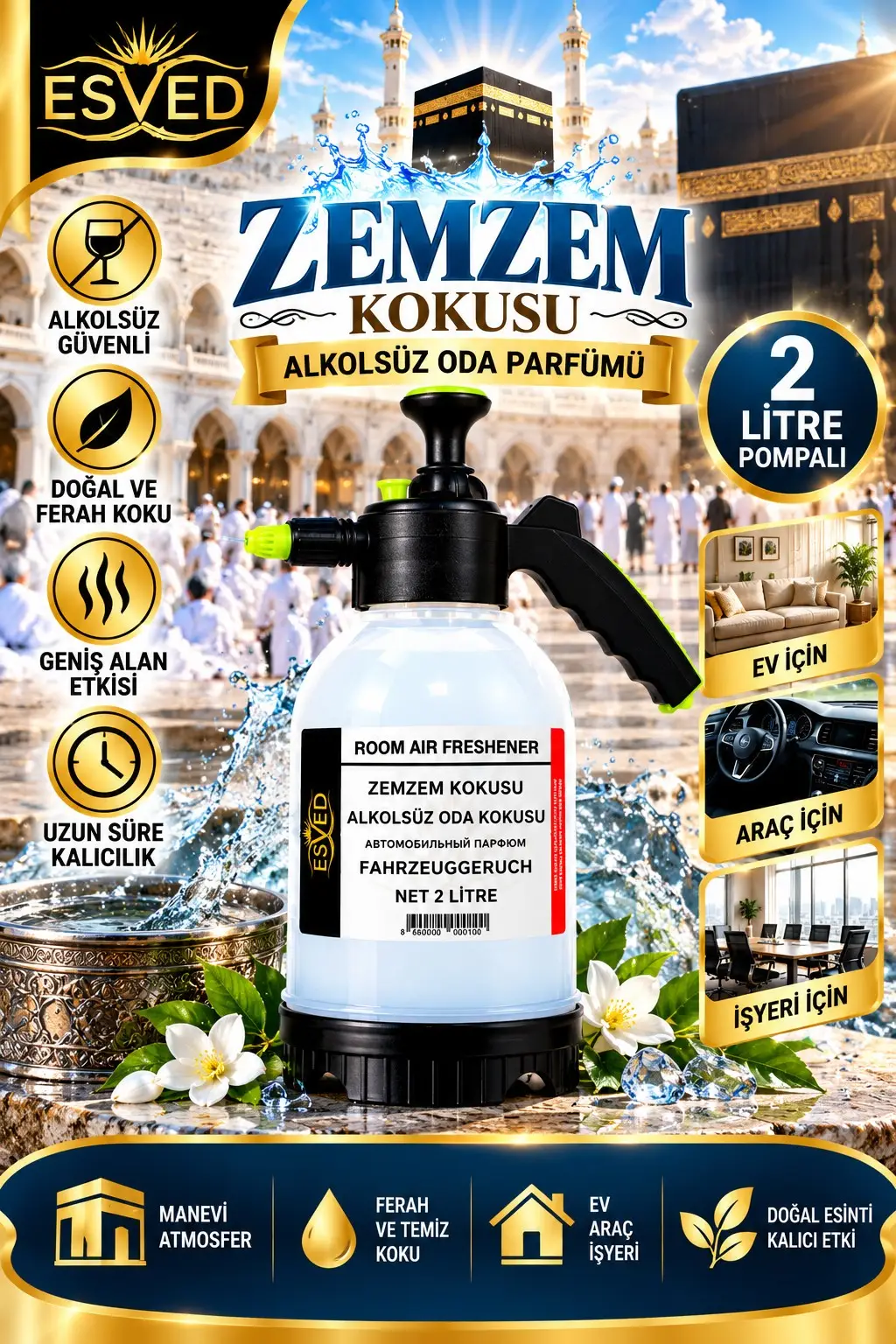 Zemzem Kokusu Alkolsüz Oda Parfümü, 2 Litre Pompalı Ortam Kokusu Araç, Ev ve İşyeri Kokusu