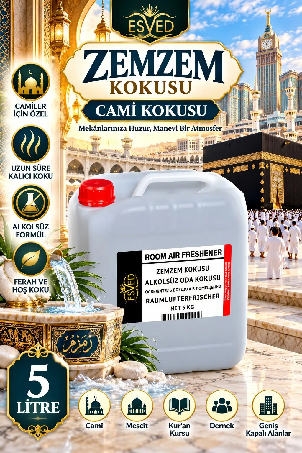 Zemzem Kokusu Alkolsüz Oda Parfümü, Ortam Kokusu, Araç ve Ev Kokusu 5 Litre